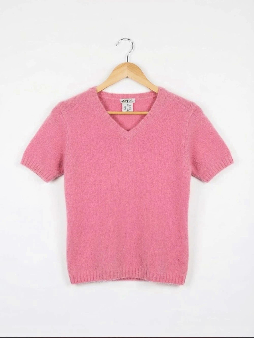 Airport Vintage Pink V-Neck Short Sleeve Angora Blend Sweater Women's Size